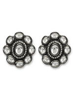 Thumbnail for Black Silver-Plated Circular Kundan Studs Earrings - Ruby Raang - Distacart