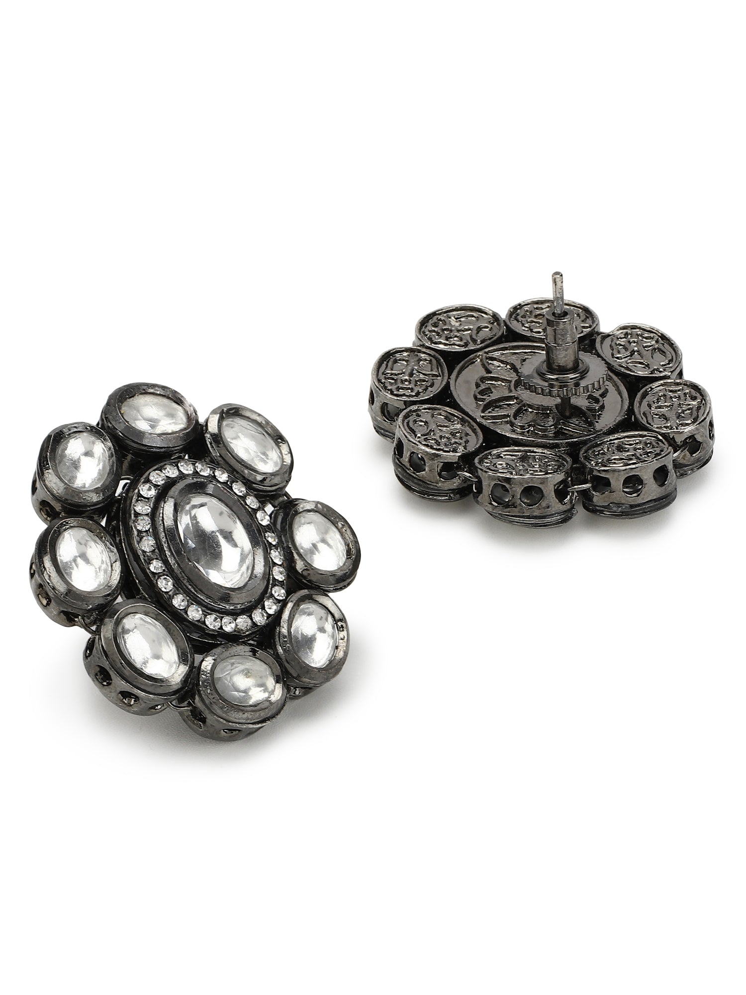 Black Silver-Plated Circular Kundan Studs Earrings - Ruby Raang - Distacart