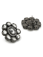 Thumbnail for Black Silver-Plated Circular Kundan Studs Earrings - Ruby Raang - Distacart