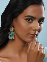 Thumbnail for Gold-Plated Turquoise Blue Kundan Studded Classic Drop Earrings - Ruby Raang - Distacart