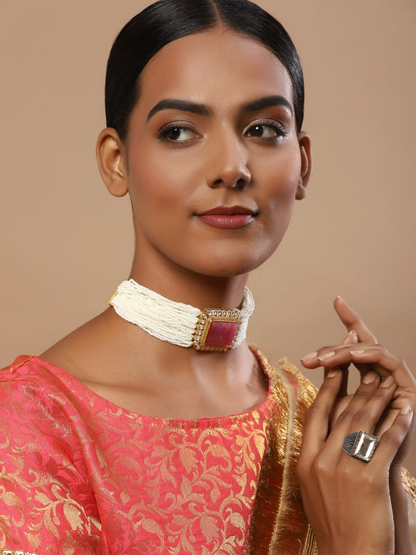 Gold-Plated White Pink Kundan Studded Beaded Brass Choker Necklace - Ruby Raang - Distacart
