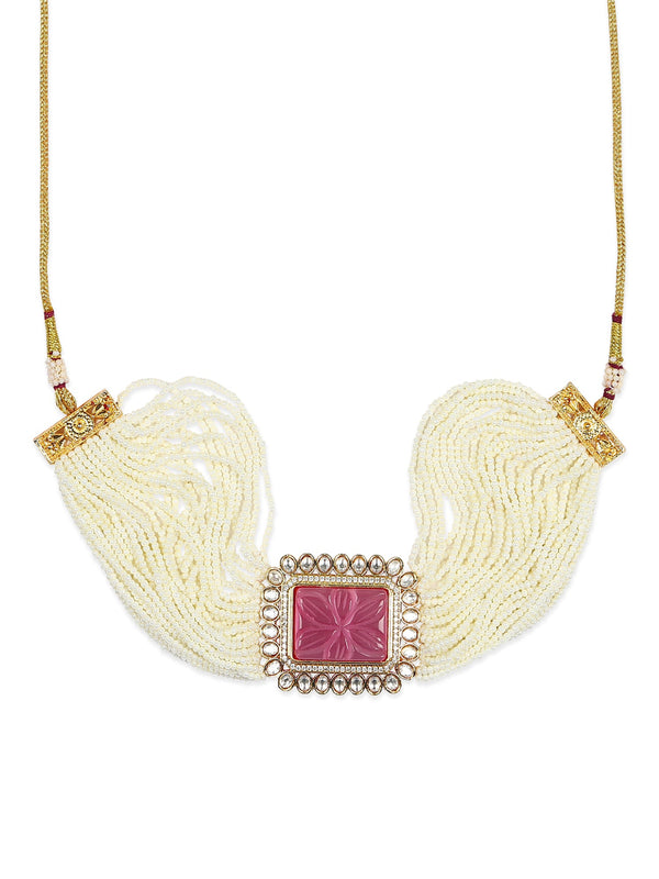 Gold-Plated White Pink Kundan Studded Beaded Brass Choker Necklace - Ruby Raang - Distacart
