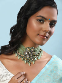 Thumbnail for Silver-Plated Green Kundan Brass Necklace - Ruby Raang - Distacart