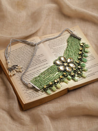 Thumbnail for Silver-Plated Green Kundan Brass Necklace - Ruby Raang - Distacart