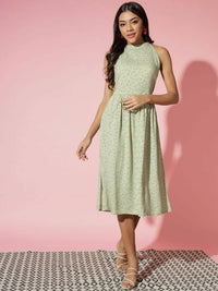 Thumbnail for Myshka Women Green Ethnic Motifs Rayon A-Line Round Neck Dress - Distacart