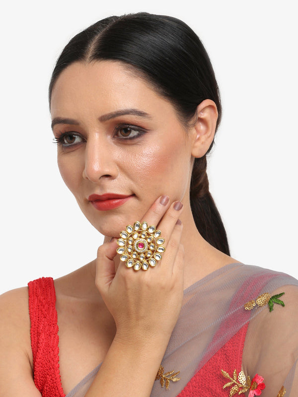 Women's Gold-Plated White Red Kundan-Studded Handcrafted Finger Ring - Ruby Raang - Distacart