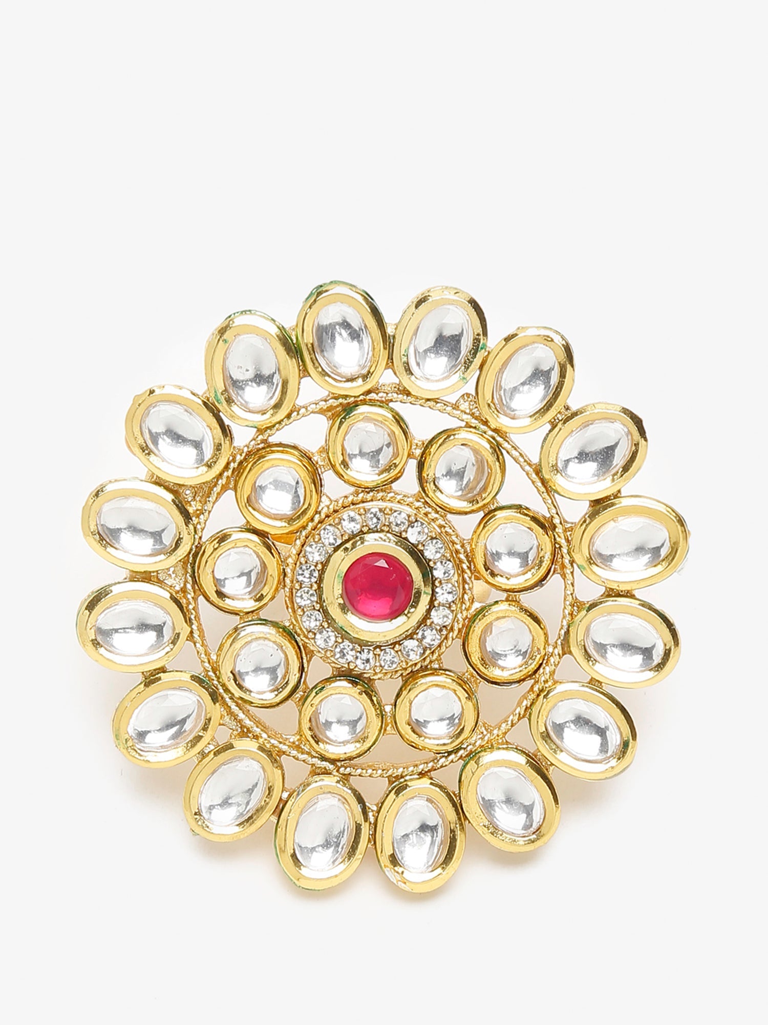 Women's Gold-Plated White Red Kundan-Studded Handcrafted Finger Ring - Ruby Raang - Distacart