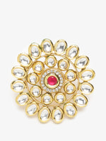 Thumbnail for Women's Gold-Plated White Red Kundan-Studded Handcrafted Finger Ring - Ruby Raang - Distacart