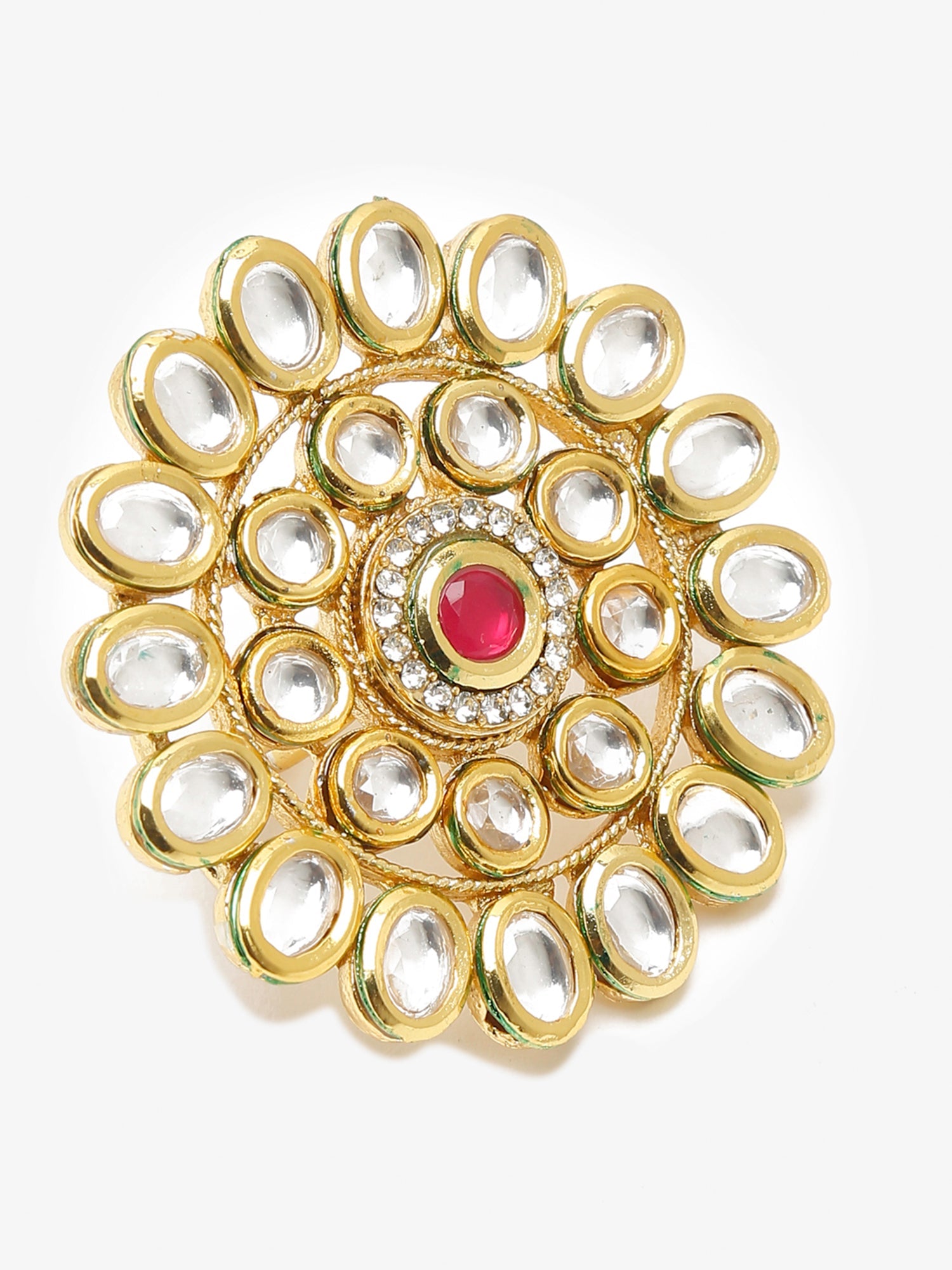 Women's Gold-Plated White Red Kundan-Studded Handcrafted Finger Ring - Ruby Raang - Distacart