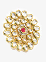 Thumbnail for Women's Gold-Plated White Red Kundan-Studded Handcrafted Finger Ring - Ruby Raang - Distacart