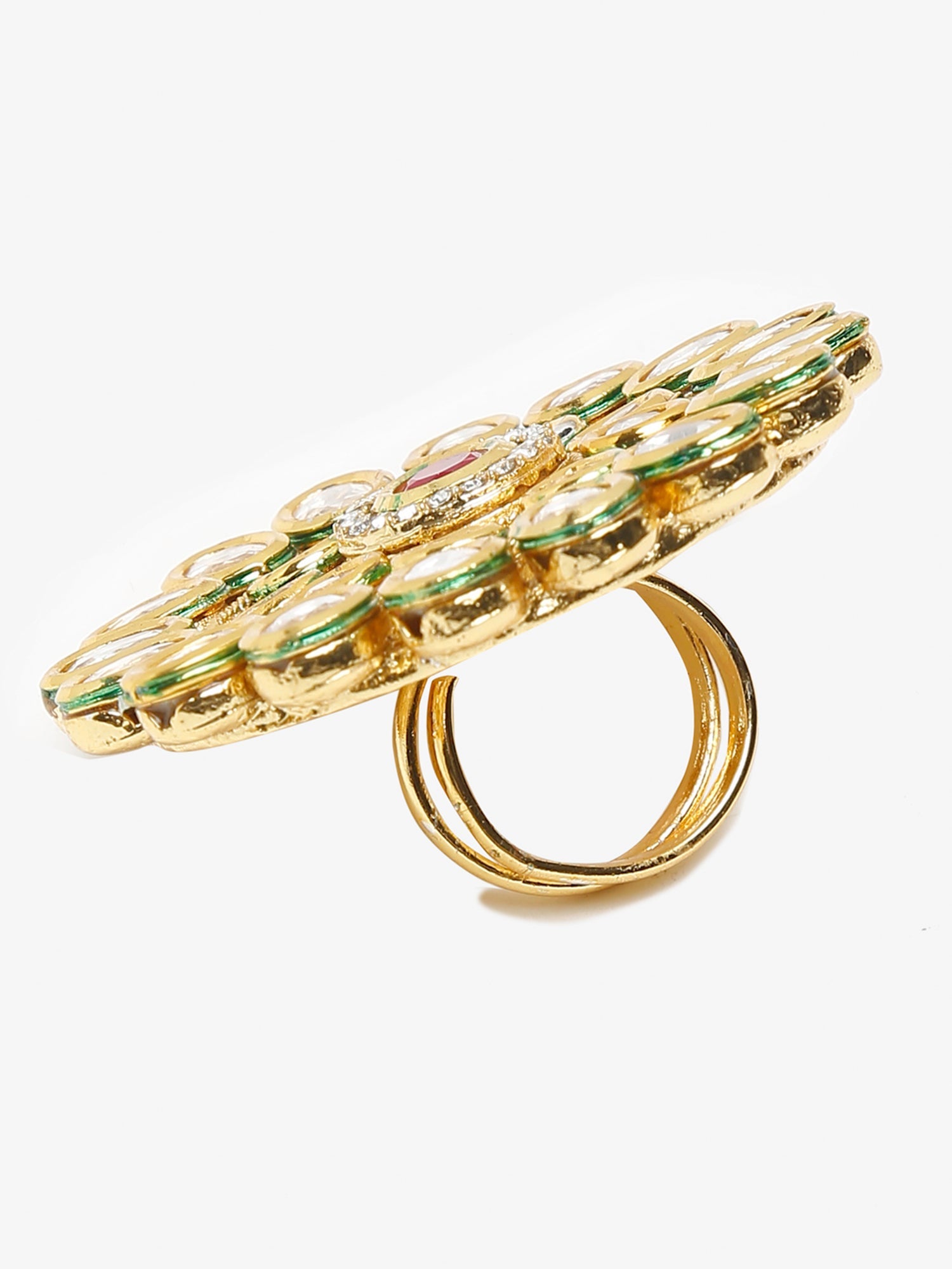 Women's Gold-Plated White Red Kundan-Studded Handcrafted Finger Ring - Ruby Raang - Distacart