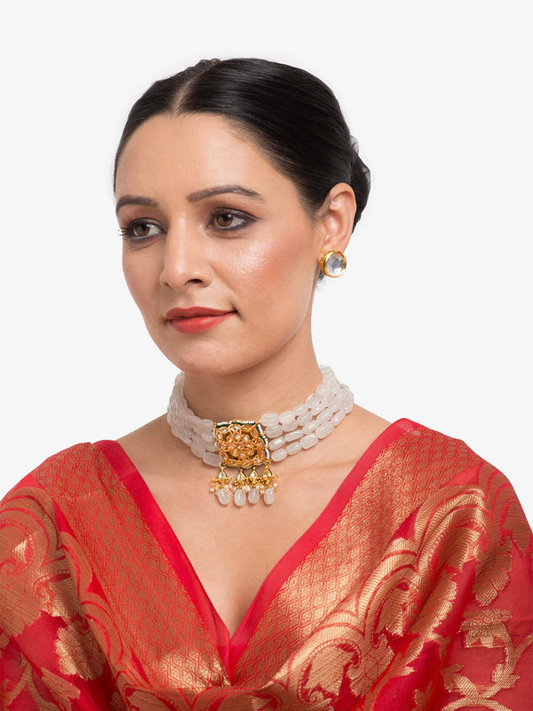 Gold-Plated White Kundan Stone Studded Handcrafted Jewellery Set - Ruby Raang - Distacart