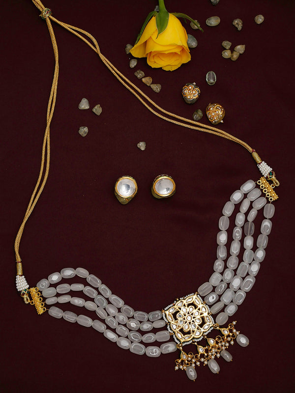 Gold-Plated White Kundan Stone Studded Handcrafted Jewellery Set - Ruby Raang - Distacart