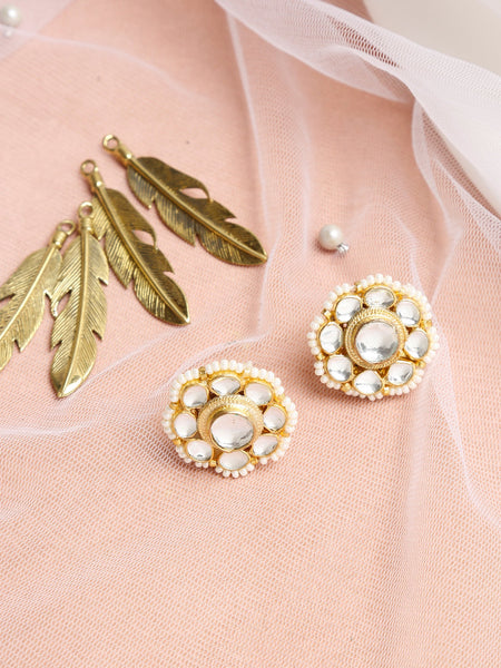 Gold-Toned Floral Kundan Studded Studs Earrings - Ruby Raang - Distacart