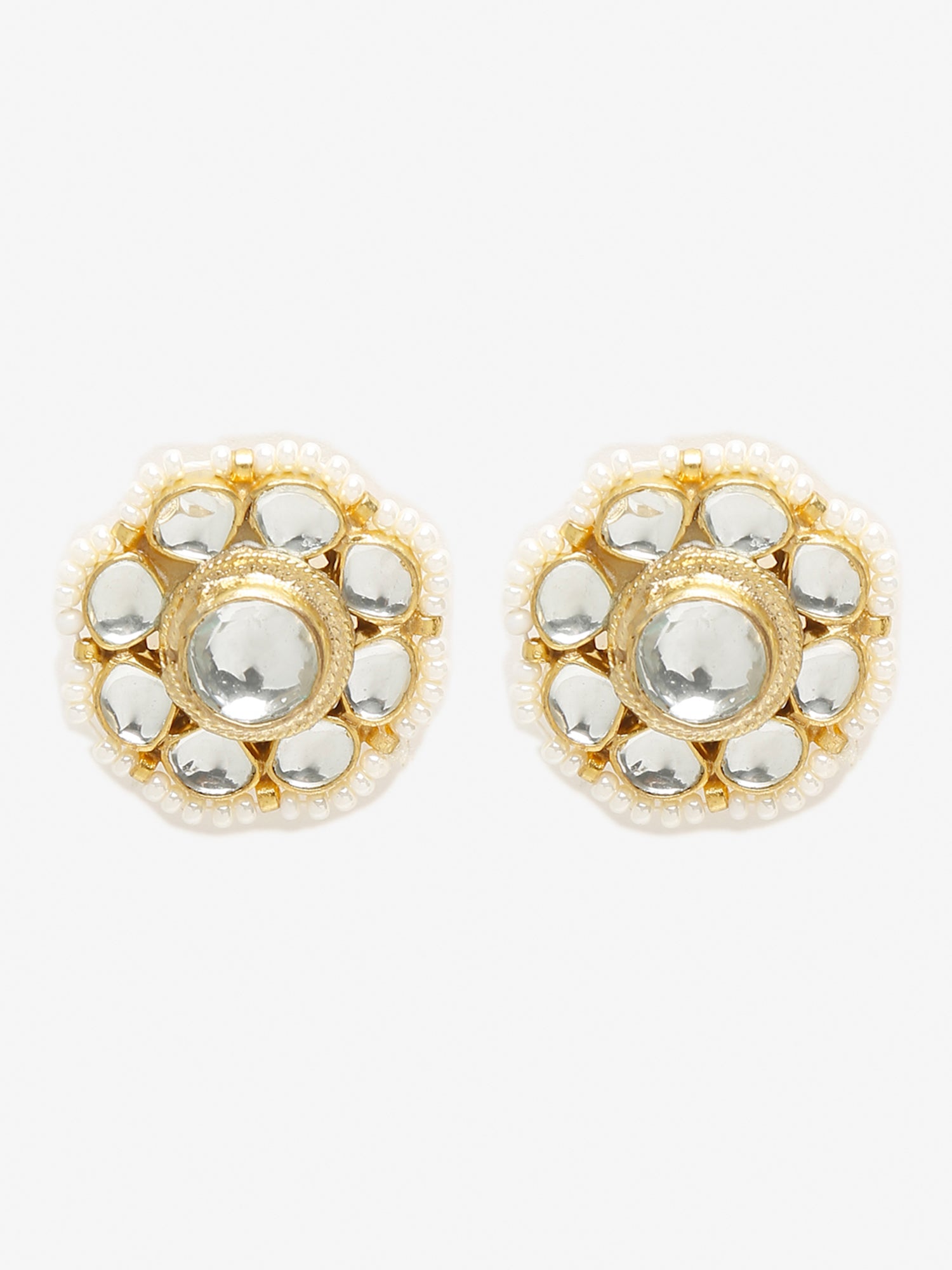 Gold-Toned Floral Kundan Studded Studs Earrings - Ruby Raang - Distacart