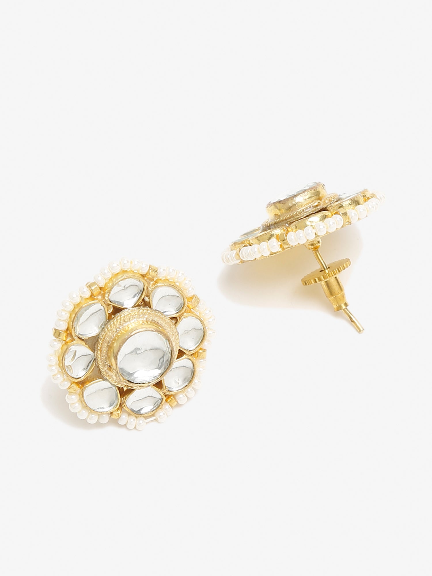 Gold-Toned Floral Kundan Studded Studs Earrings - Ruby Raang - Distacart