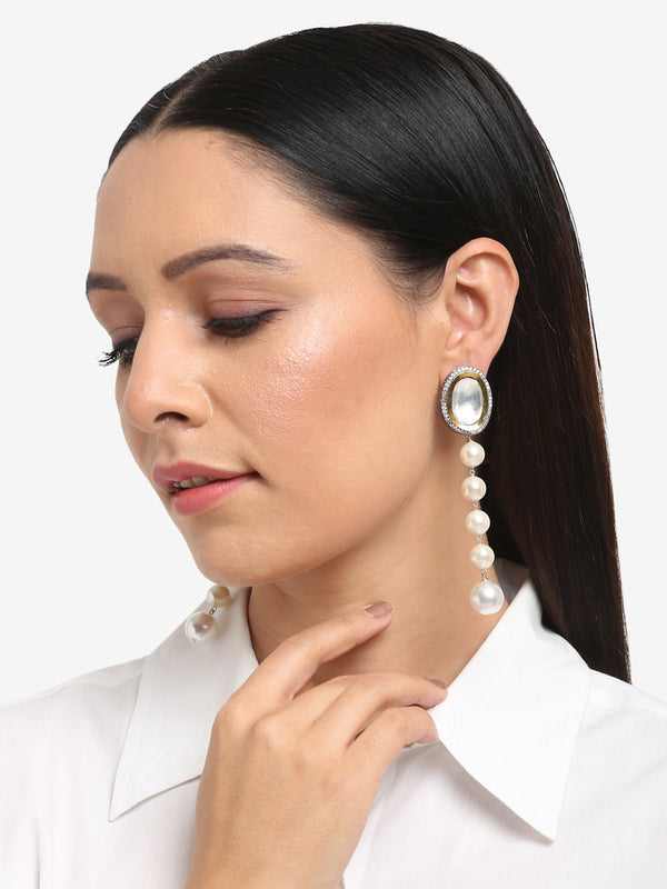 White Kundan Studded Pearls Drop Earrings - Ruby Raang - Distacart