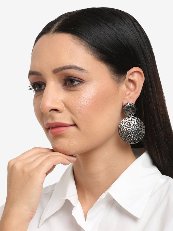 Silver-Toned Circular Drop Earrings - Ruby Raang - Distacart