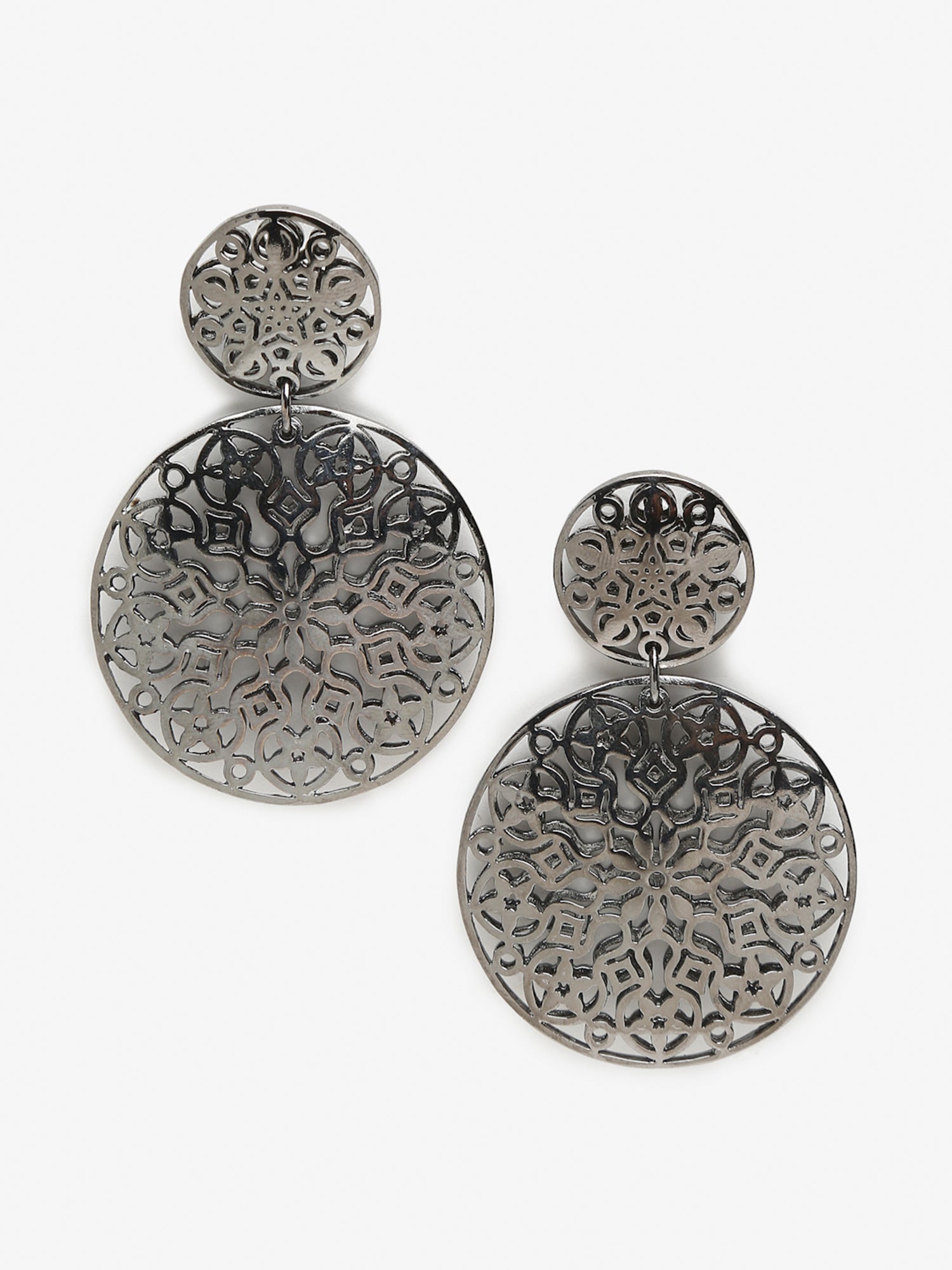 Silver-Toned Circular Drop Earrings - Ruby Raang - Distacart