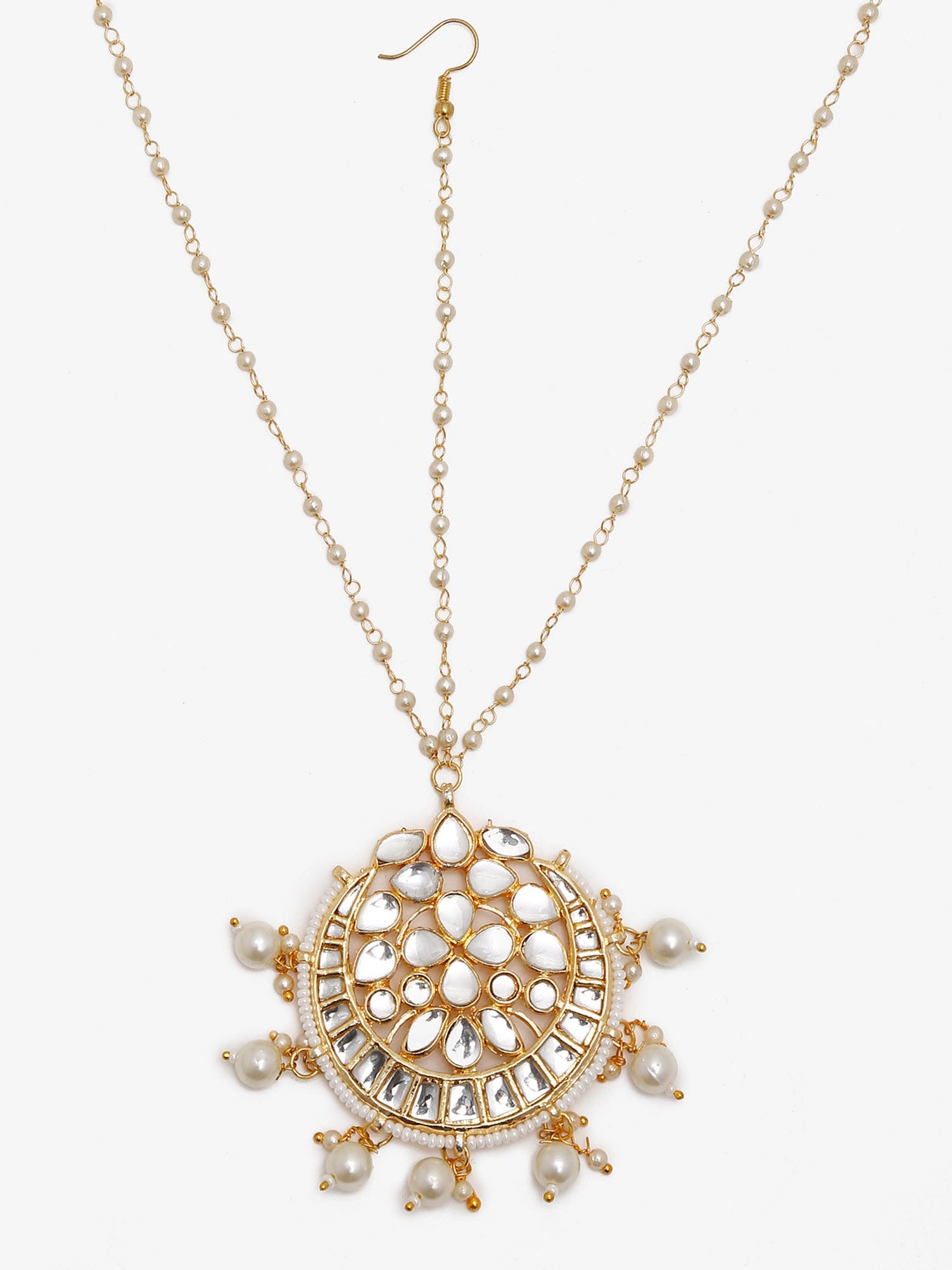 Gold-Plated White Kundan-Studded Pearl Beaded Handcrafted Maatha Patti - Ruby Raang - Distacart