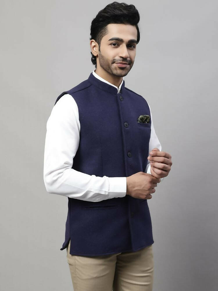 Even Apparels Pure Wool Nehru Jacket - Navy - Distacart