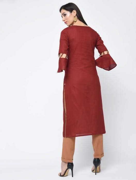 Aniyah Cotton Criss Cross Bell Sleeves Straight Kurta In Maroon (AN-101B)