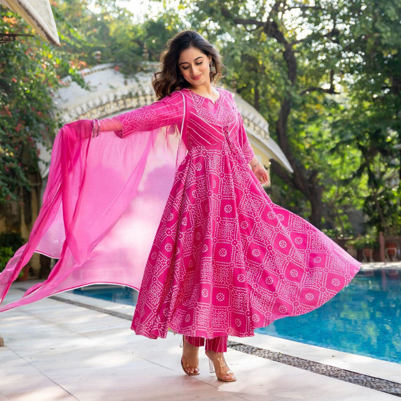 Malishka Women's Pink Cotton Bandhani Kurta Pant Set With Dupatta - Pink - Distacart