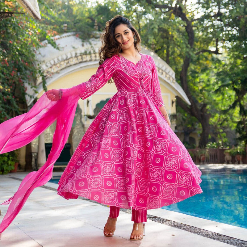 Malishka Women's Pink Cotton Bandhani Kurta Pant Set With Dupatta - Pink - Distacart