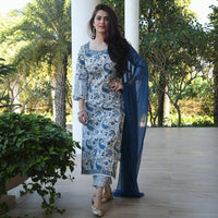 Thumbnail for Malishka Women's Blue Cotton Floral Printed Kurta Pant Set With Dupatta - White & Blue - Distacart