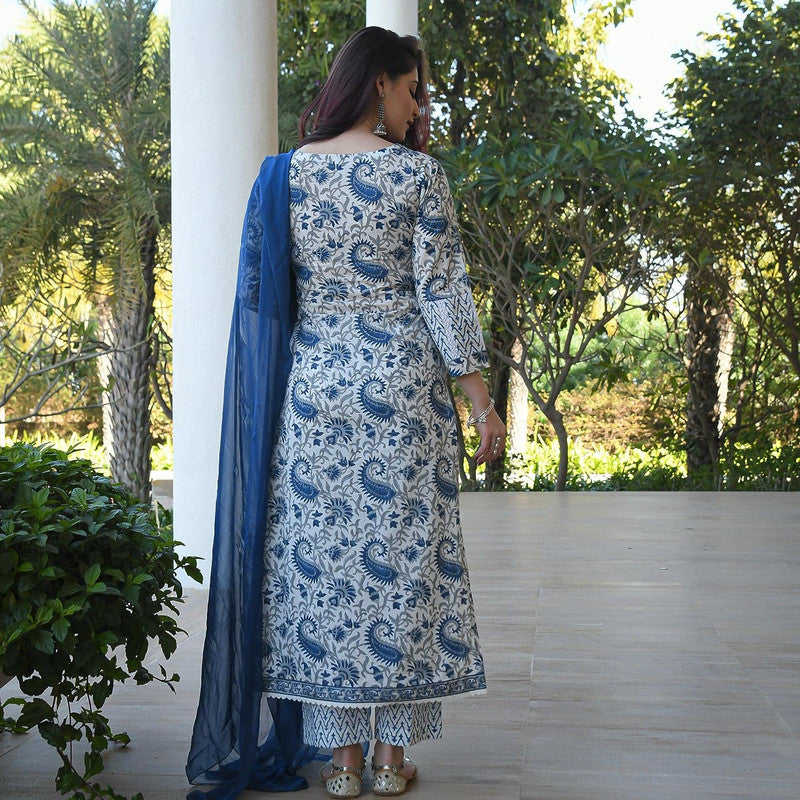 Malishka Women's Blue Cotton Floral Printed Kurta Pant Set With Dupatta - White & Blue - Distacart