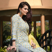 Thumbnail for Malishka Women's Yellow Cotton Floral Printed Kurta Pant Set With Dupatta - White & Yellow - Distacart