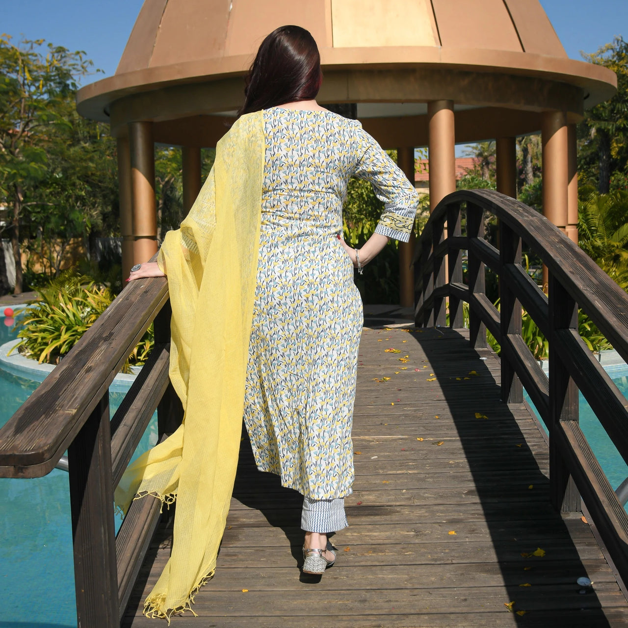 Malishka Women's Yellow Cotton Floral Printed Kurta Pant Set With Dupatta - White & Yellow - Distacart