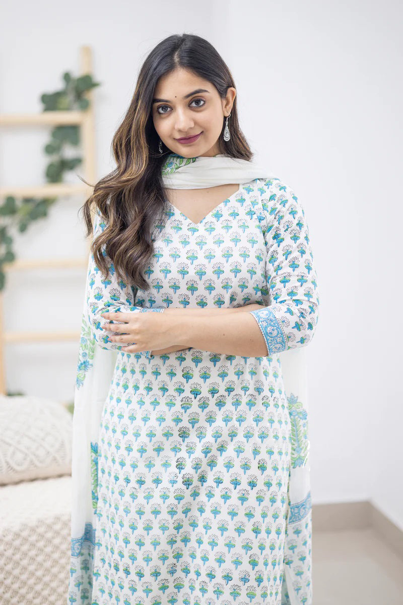 Malishka Womens Cotton Blend Kurta Pant Set With Dupatta - Sky Blue - Distacart
