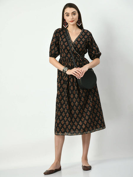 Myshka Women's Black Empire Printed Dress - Distacart
