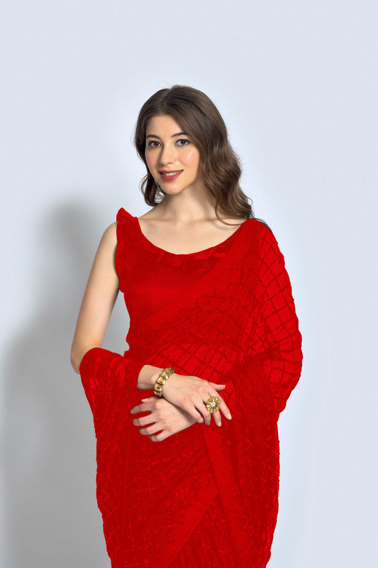 Malishka Women's Red Georgette Sequence Embroidery Saree With Blouse Piece - Distacart