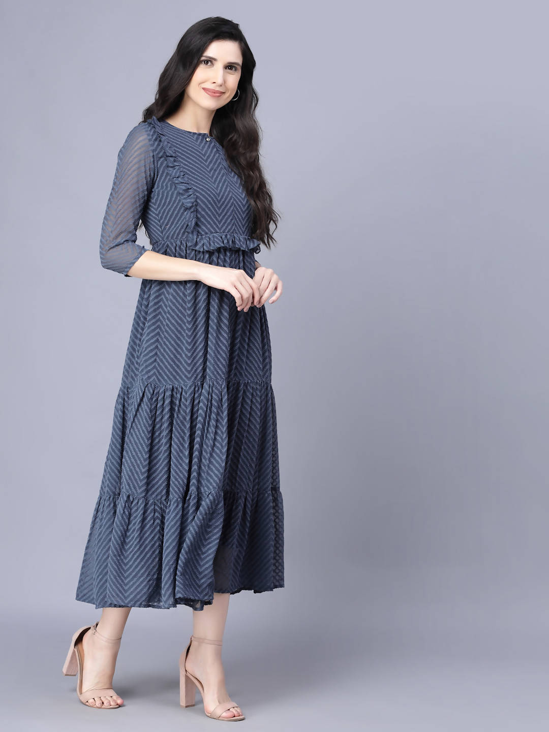 Myshka Georgette Solid 3/4 Sleeve Round Dark Grey Women Dress - Distacart