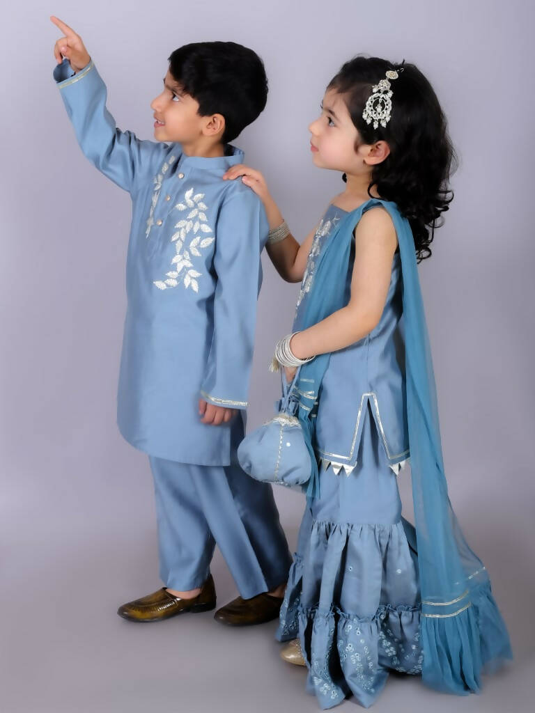 Lil Drama Ethnic Girls Blue Kurta with Sharara and dupatta set - Distacart