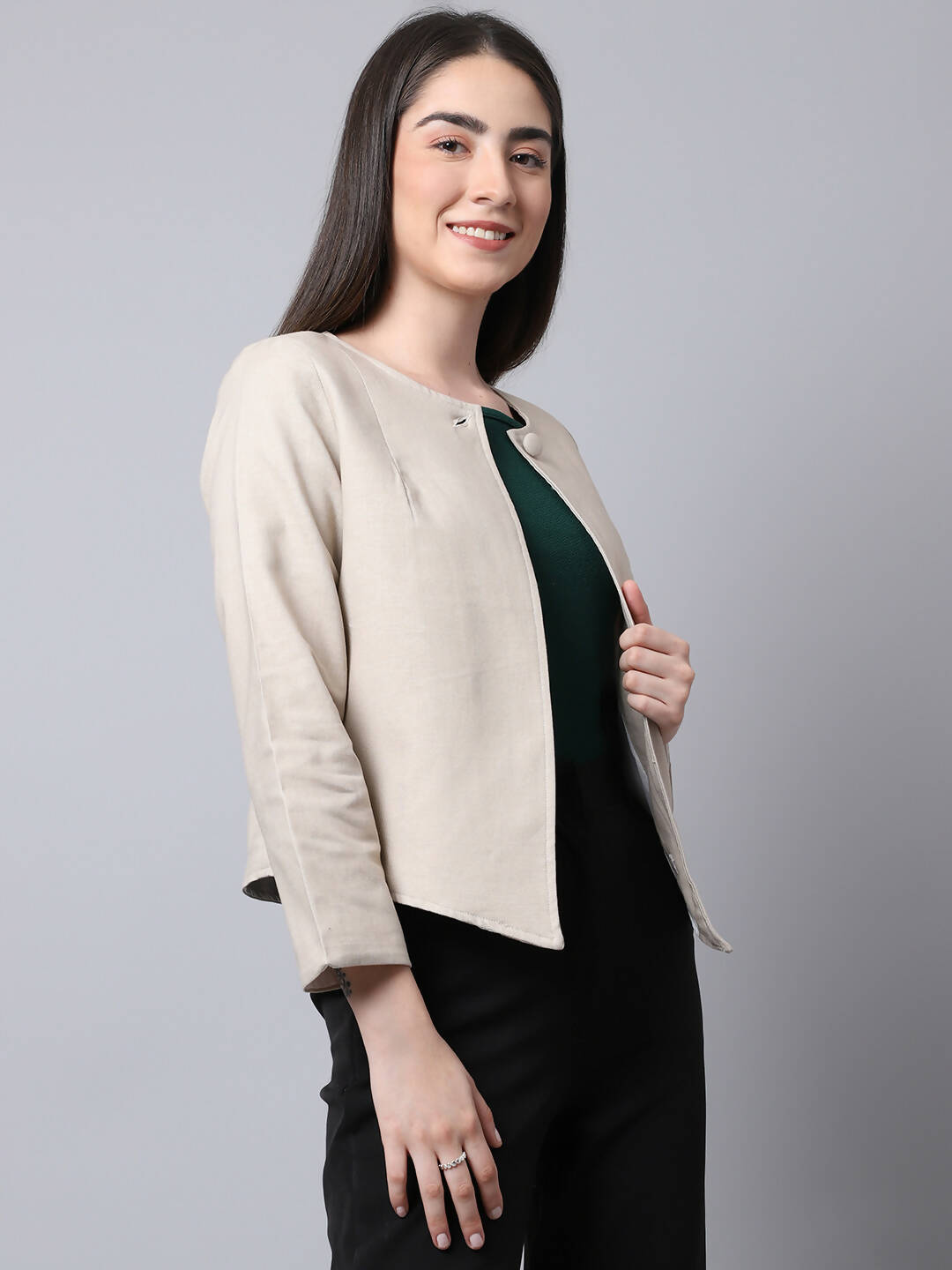 Even Apparels Cream Linen Cotton Open Front Statement Women's Jacket - Distacart