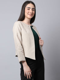 Thumbnail for Even Apparels Cream Linen Cotton Open Front Statement Women's Jacket - Distacart