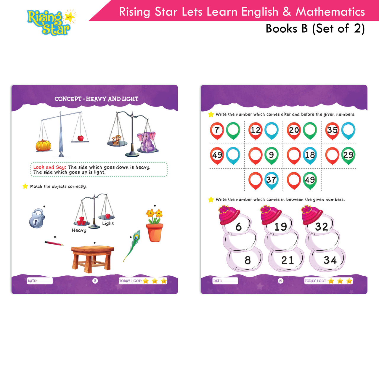 Rising Star Lets Learn English & Maths Activity Book Set B| Set of 2| Ages 3-7 Year| Number 1-100, Shapes, Alphabets - Distacart