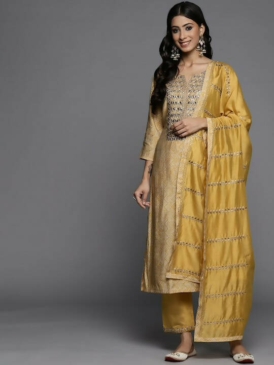 Varanga Women Mustard Yellow Printed Mirror Work Kurta with Trousers & Dupatta - Distacart