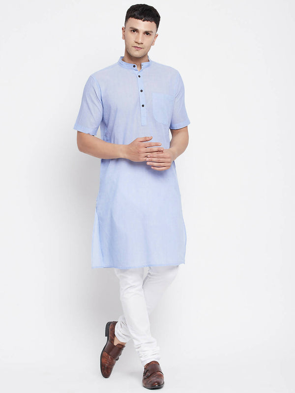 Even Apparels Blue Pure Cotton Men's H/S Kurta With Band Collar - Distacart