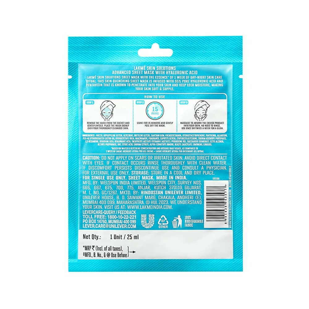 Lakme Solutions Sheet Mask Hydrating with Hyaluronic Acid - Distacart