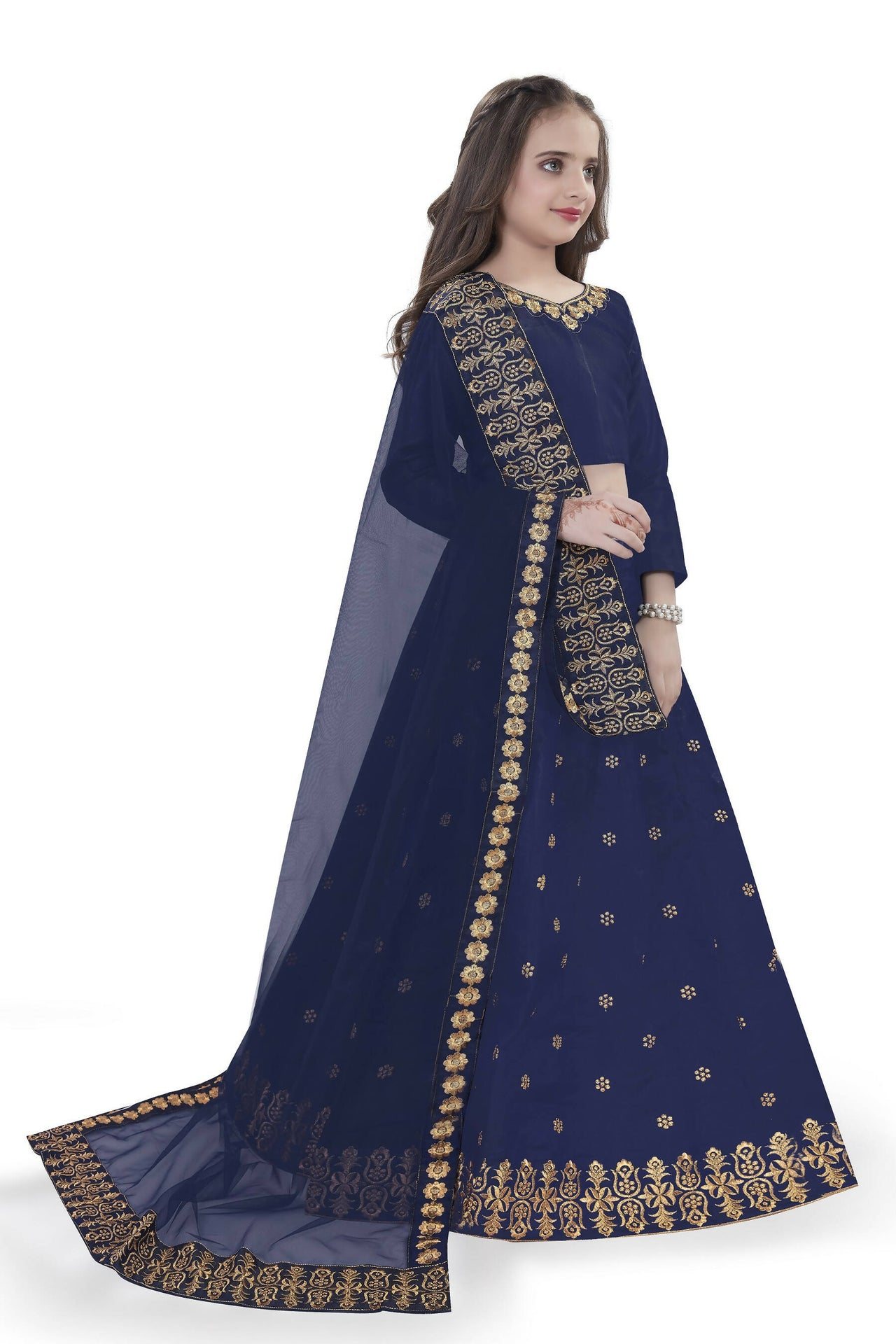 Dwiden Navy Blue Queen Tafetta Sattin Semi-Stitched Girl's Lehenga Choli - Distacart