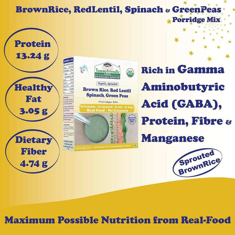 TummyFriendly Foods Certified Organic Sprouted Brown Rice, Red Lentil, Spinach, Green Peas Porridge Mix - Distacart