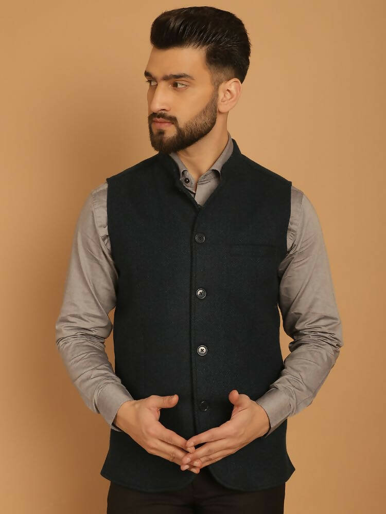 Even Apparels Pure Wool Nehru Jacket - Green - Distacart