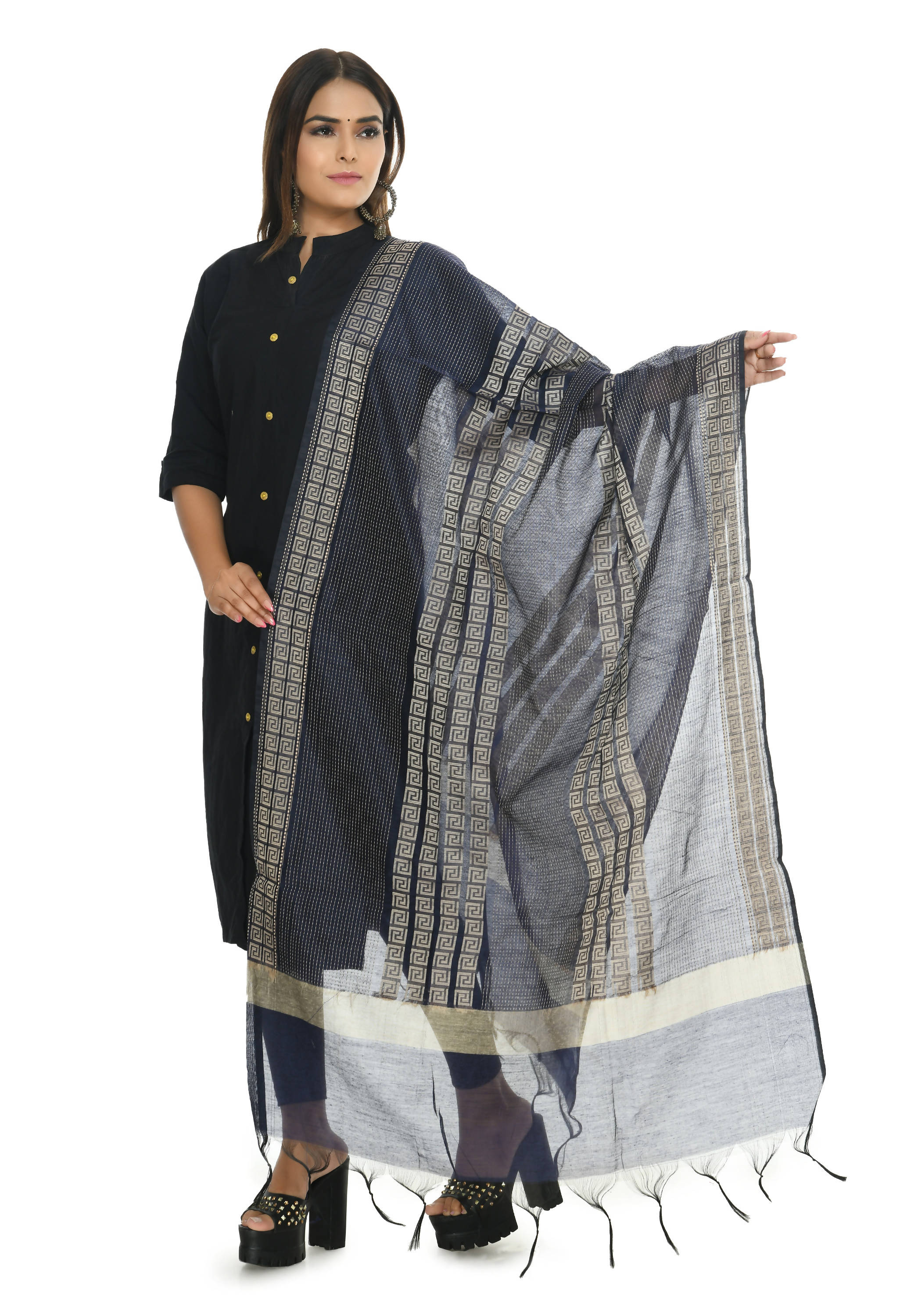 Mominos Fashion Moeza Handloom Cotton Navy Blue Dupatta - Distacart
