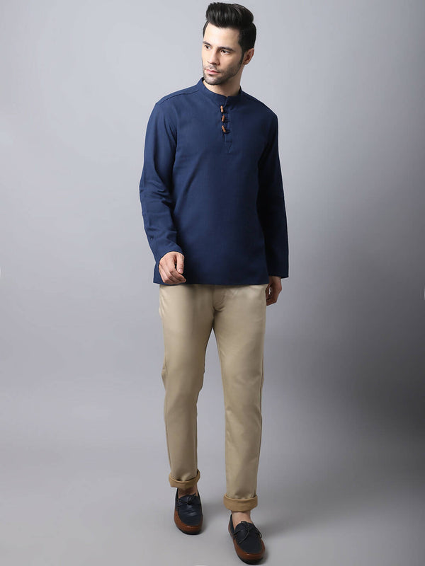 Even Apparels Navy Pure Cotton Men's Kurta With Band Collar - Distacart