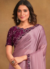 Thumbnail for Purple Satin Silk Designer Saree with Unstitched Blouse - Norita Mahitha - Distacart