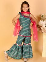 Thumbnail for Lil Drama Girls Kurta With Sharara With Dupatta Set - Green - Distacart
